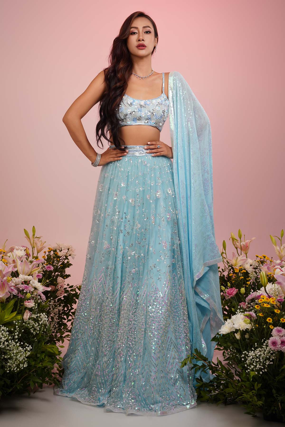 Priyanka Kar Ice Blue Embroidered Lehenga Set for women online at ScrollnShops